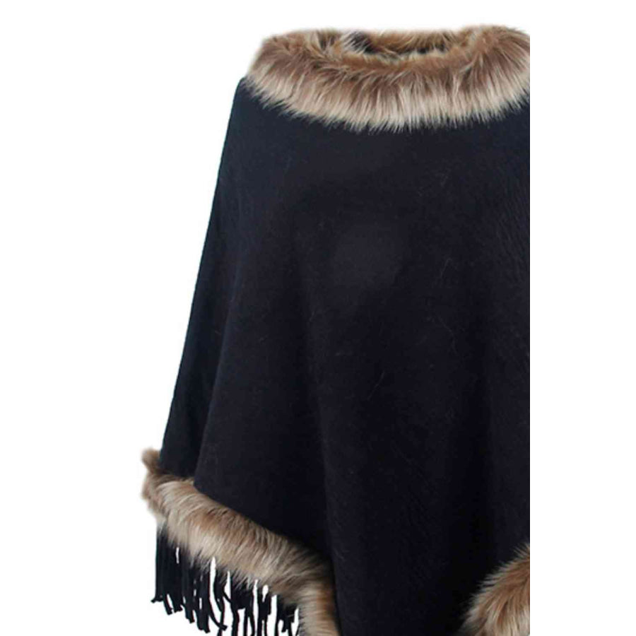 Faux Fur Trim Fringed Poncho