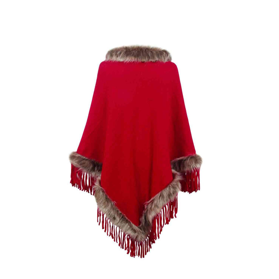 Faux Fur Trim Fringed Poncho