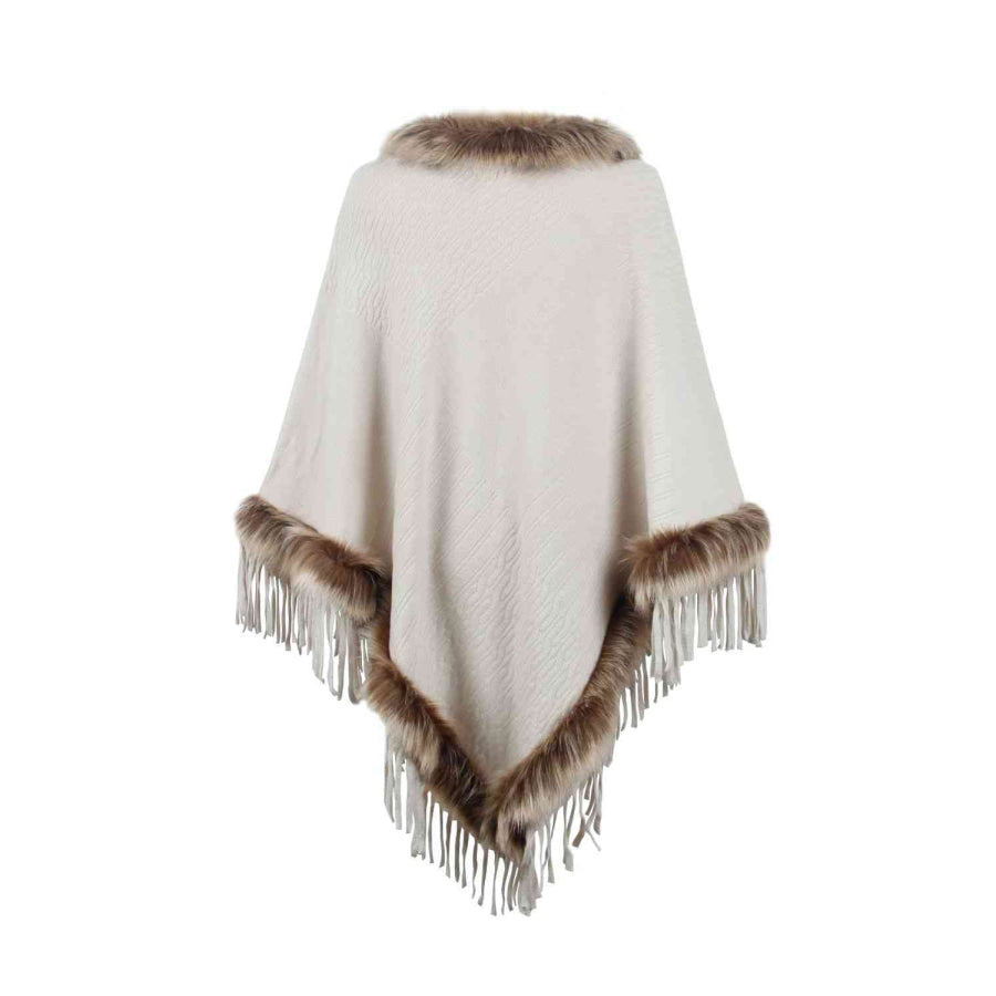 Faux Fur Trim Fringed Poncho