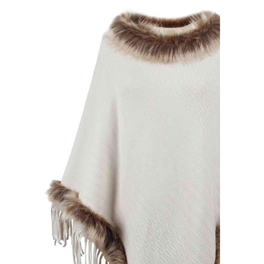 Faux Fur Trim Fringed Poncho