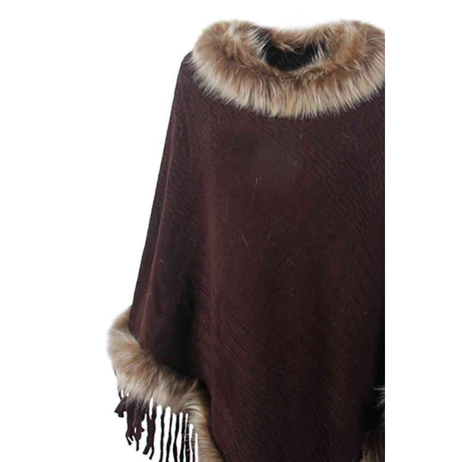 Faux Fur Trim Fringed Poncho