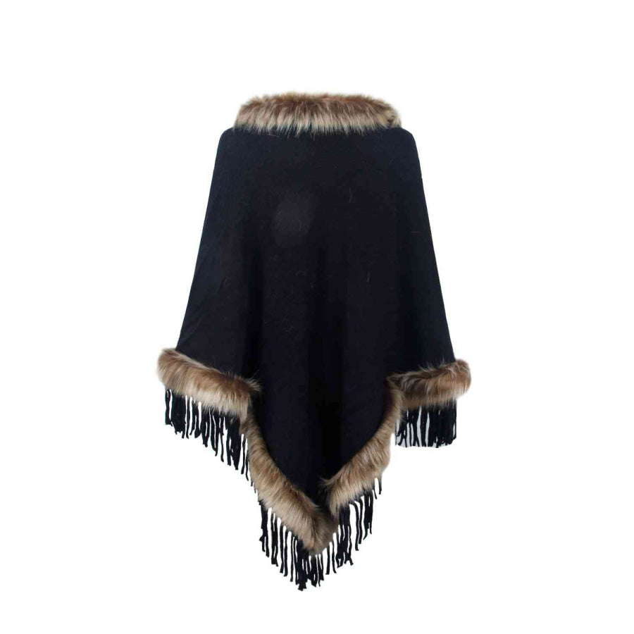 Faux Fur Trim Fringed Poncho