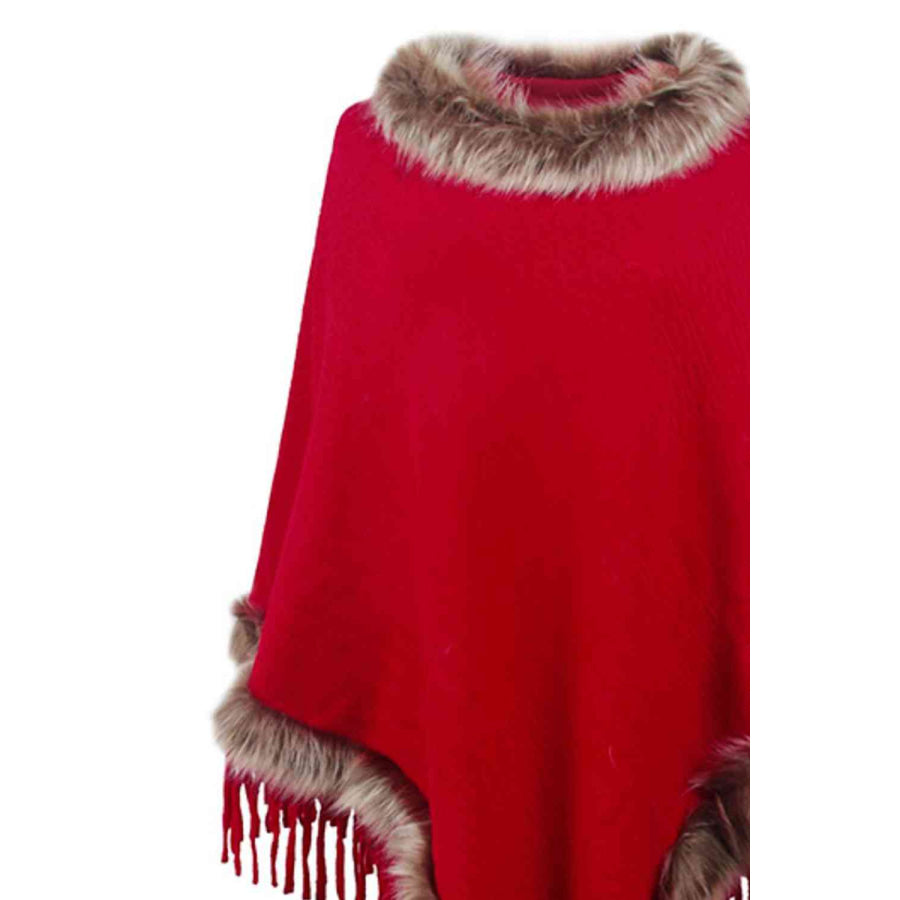 Faux Fur Trim Fringed Poncho