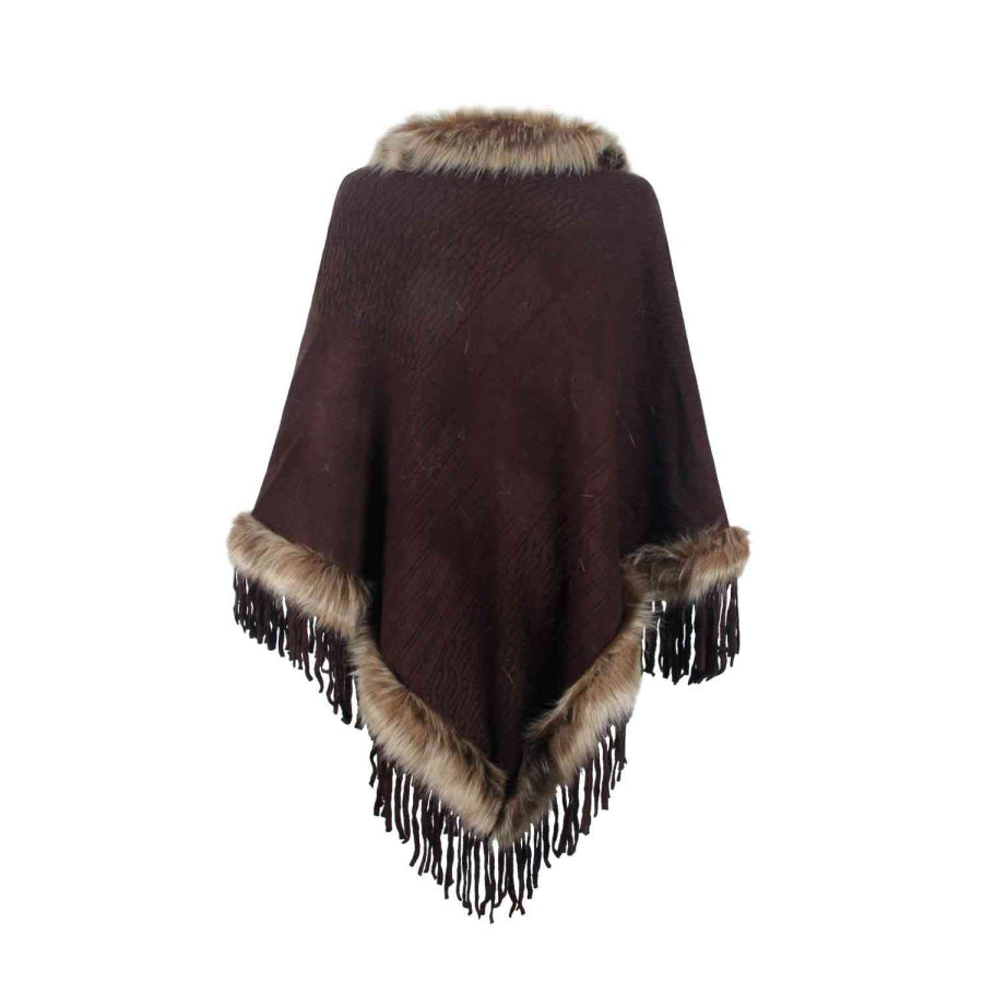 Faux Fur Trim Fringed Poncho