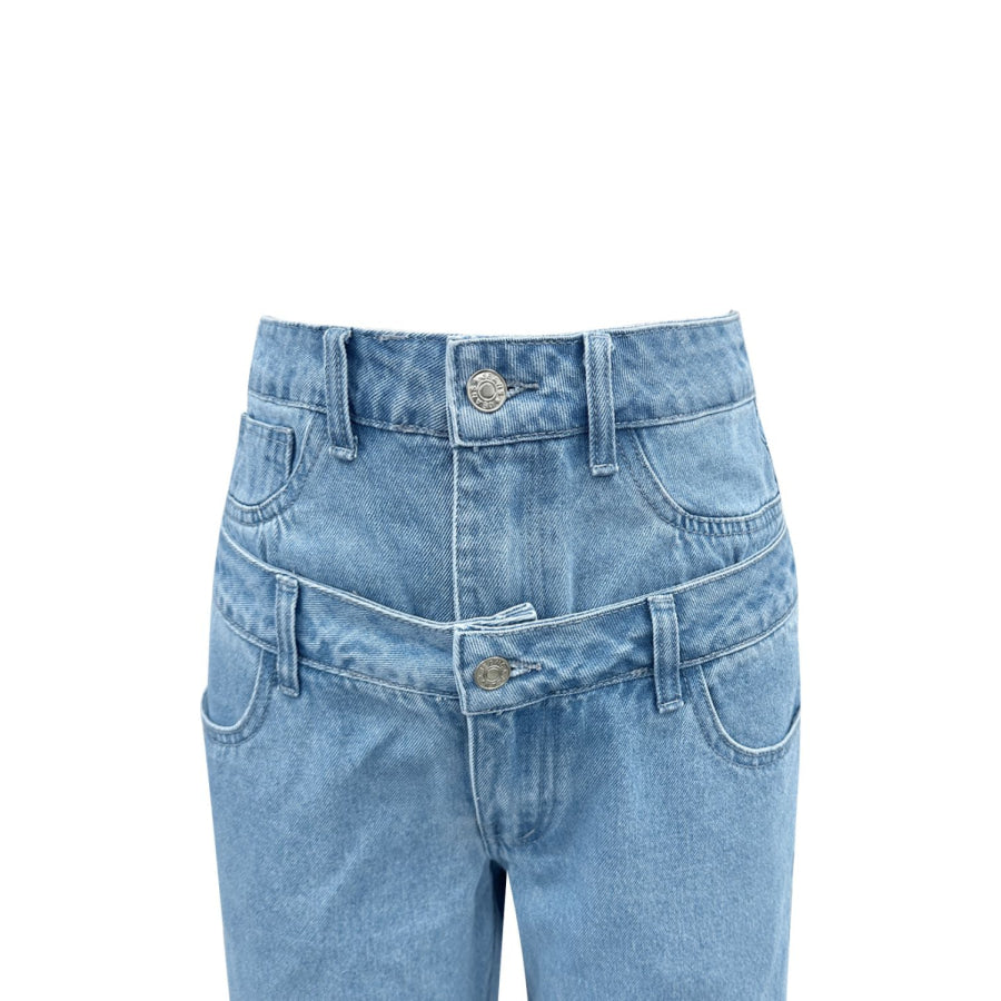 Faux Layered High Waist Jeans Apparel and Accessories