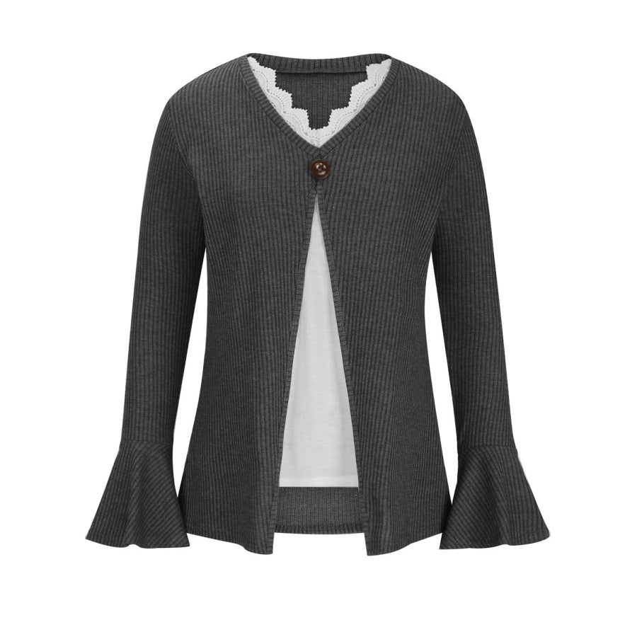 Faux Layered V - Neck Long Sleeve T - Shirt Apparel and Accessories