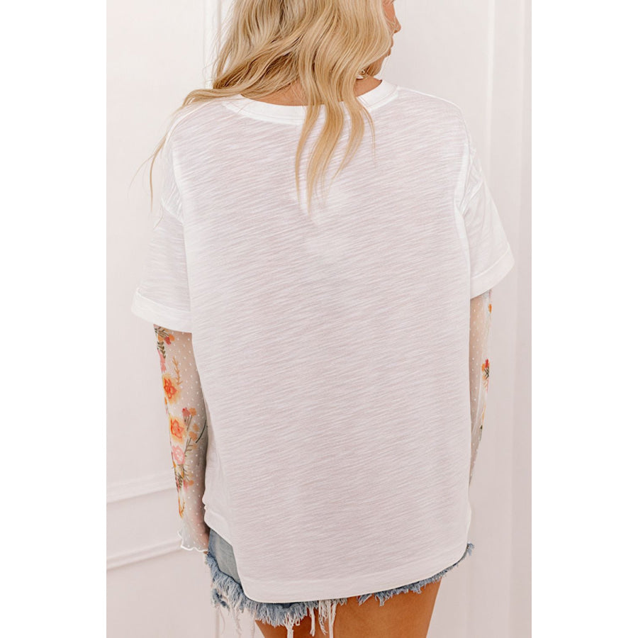 Faux Two Piece Floral Long Sleeve Patchwork Top Apparel and Accessories