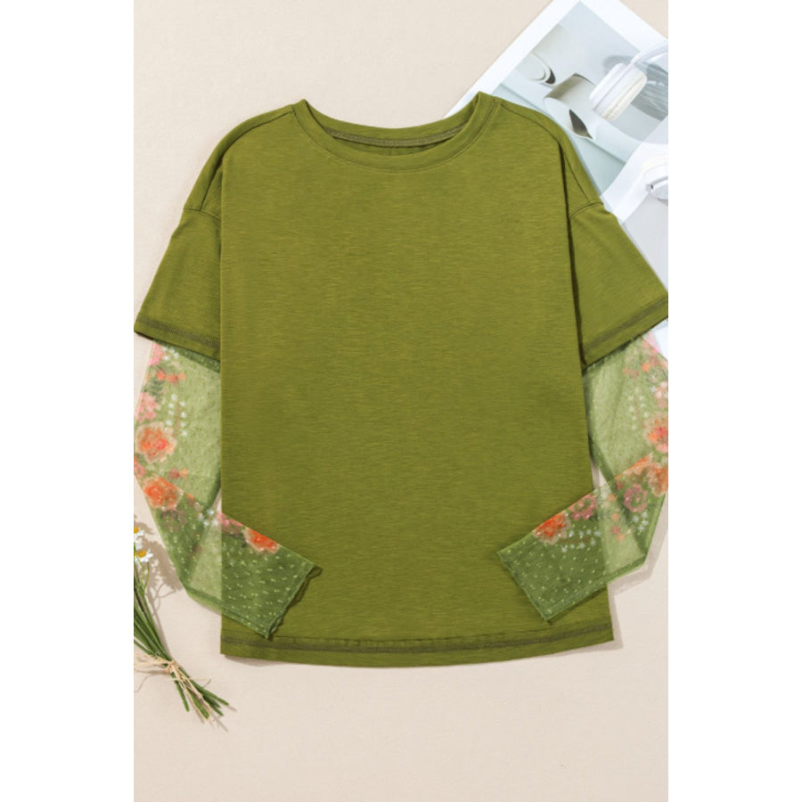 Faux Two Piece Floral Long Sleeve Patchwork Top Apparel and Accessories