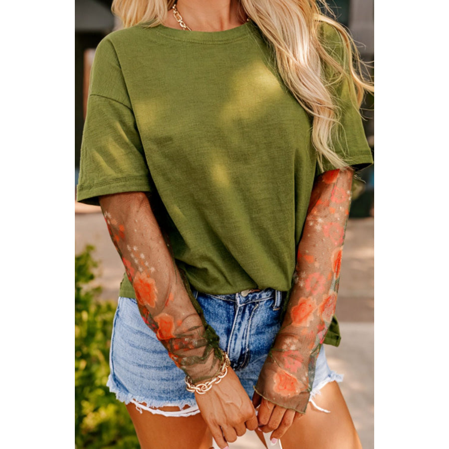 Faux Two Piece Floral Long Sleeve Patchwork Top Matcha Green / S Apparel and Accessories