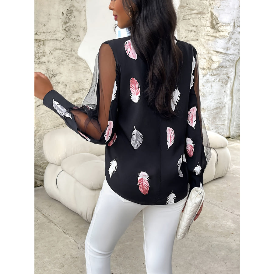 Feather Print Mock Neck Long Sleeve Blouse Apparel and Accessories