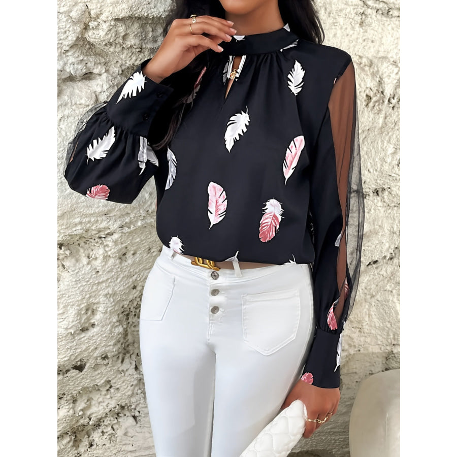 Feather Print Mock Neck Long Sleeve Blouse Apparel and Accessories