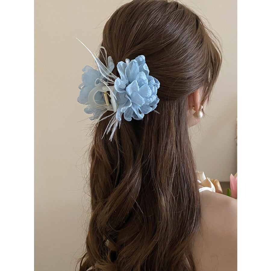 Feather Trim Flower Shape Hair Claw Clip Apparel and Accessories