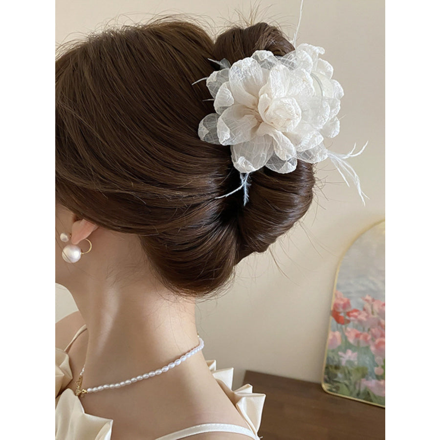 Feather Trim Flower Shape Hair Claw Clip Apparel and Accessories