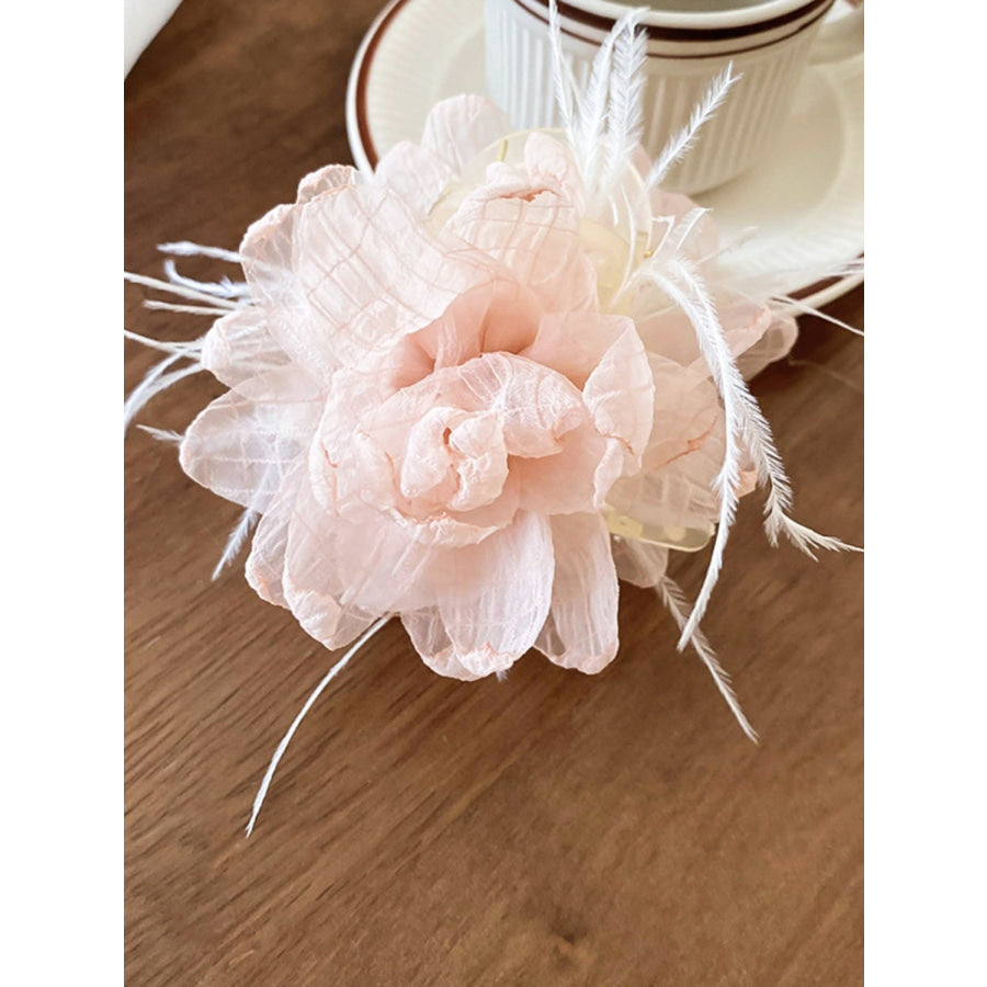 Feather Trim Flower Shape Hair Claw Clip Blush Pink / One Size Apparel and Accessories