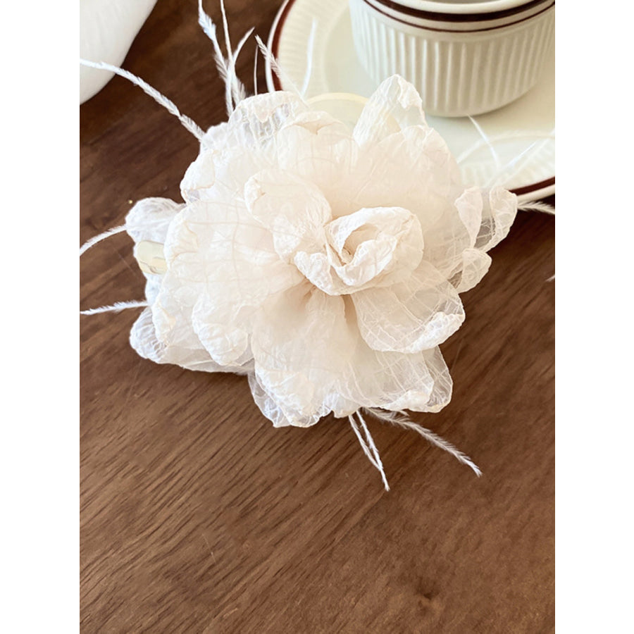 Feather Trim Flower Shape Hair Claw Clip Ivory / One Size Apparel and Accessories
