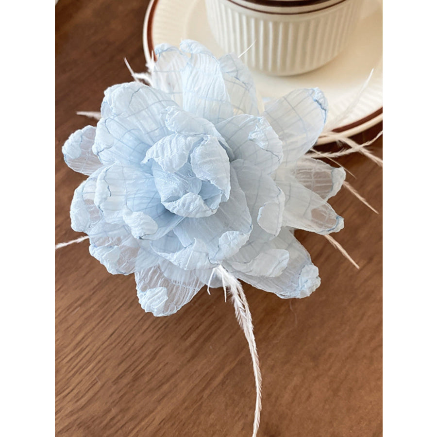 Feather Trim Flower Shape Hair Claw Clip Pastel Blue / One Size Apparel and Accessories