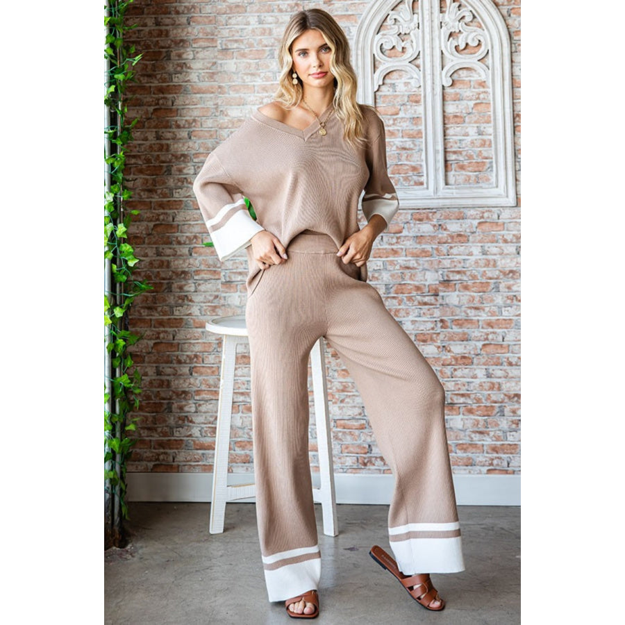 First Love Contrast Ribbed Knit Pants Mocha / S Apparel and Accessories
