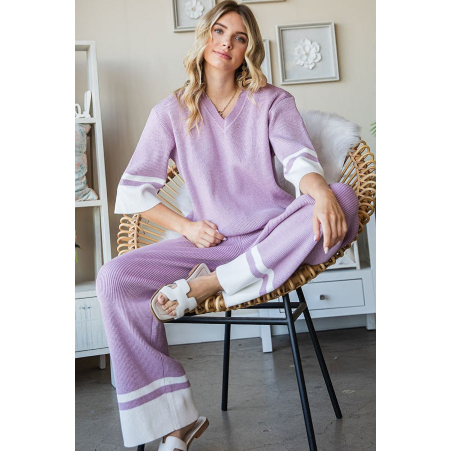 First Love Contrast Ribbed Knit Pants Pale Lilac / S Apparel and Accessories