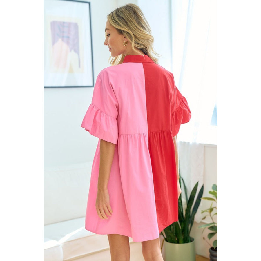 First Love Full Size Color Blocked Button Down Babydoll Dress Red/Pink / S Apparel and Accessories