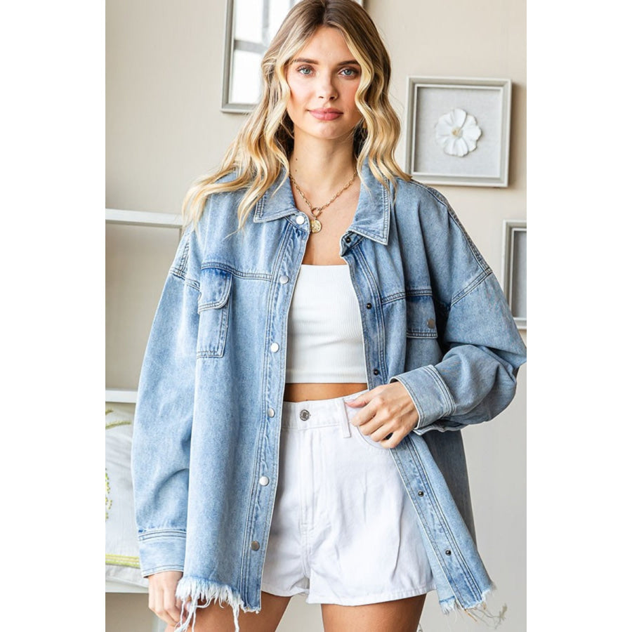 First Love Smile Face Button Down Raw Hem Denim Jacket Apparel and Accessories
