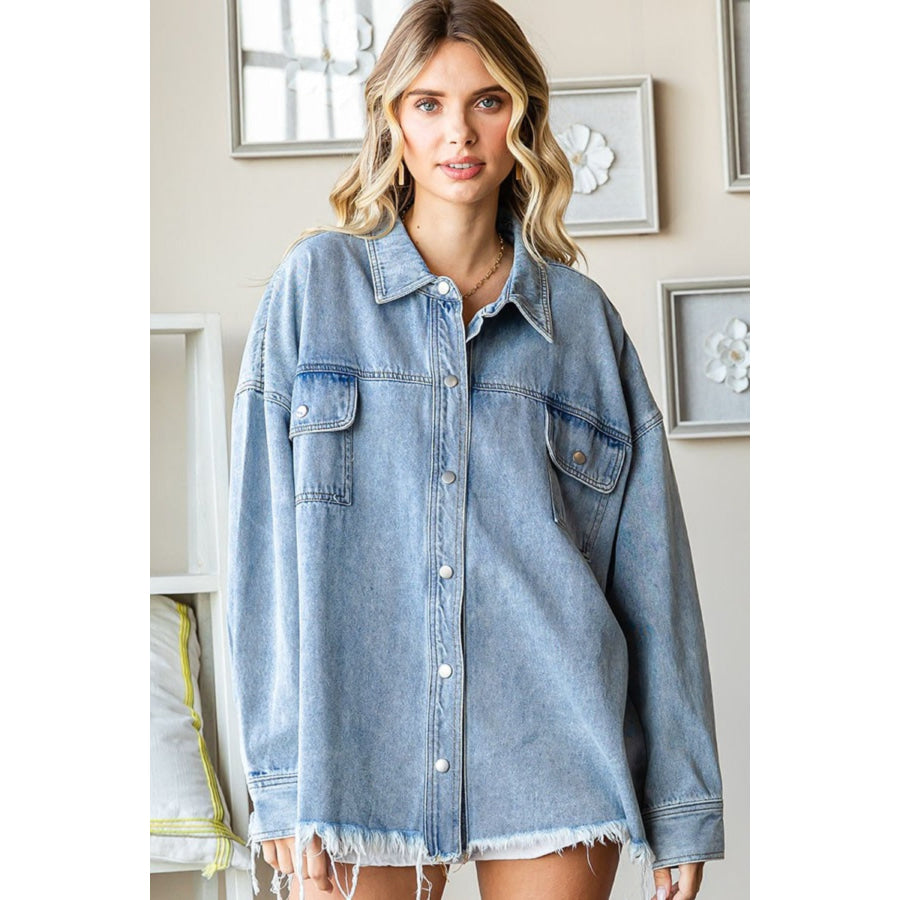 First Love Smile Face Button Down Raw Hem Denim Jacket Apparel and Accessories