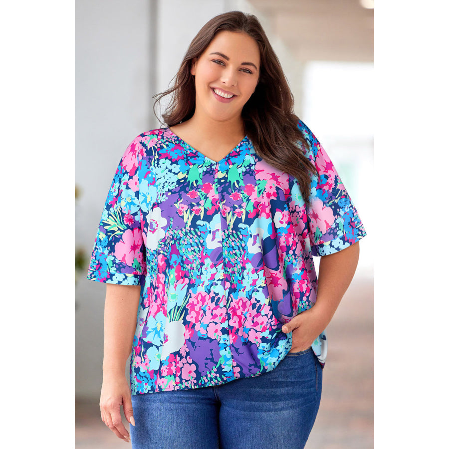 Floral Center Seam V-Neck Blouse Multicolor / 1XL