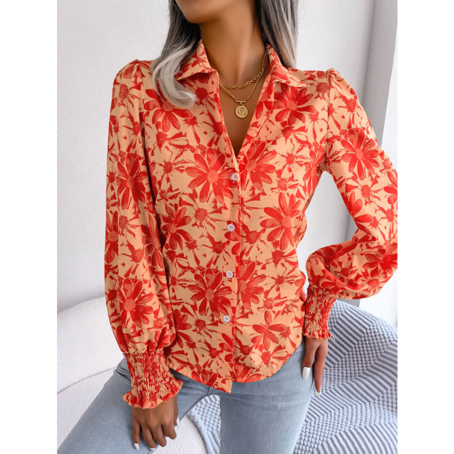 Floral Collared Neck Long Sleeve Shirt Apparel and Accessories