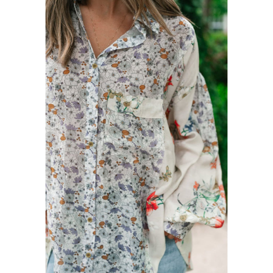 Floral Collared Neck Long Sleeve Shirt Floral / S Apparel and Accessories