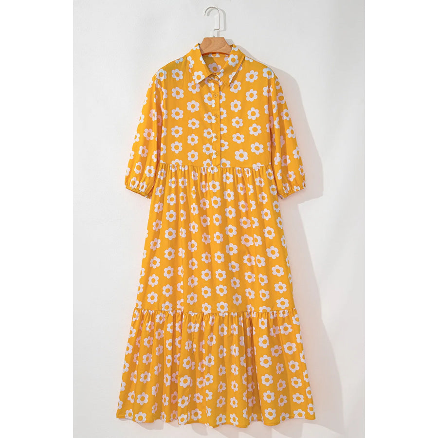 Floral Collared Neck Three-Quarter Sleeve Dress Apparel and Accessories