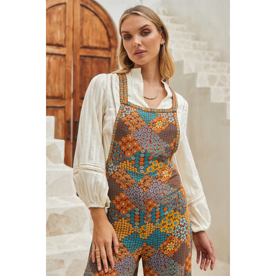 Floral Crisscross Strap Wide Leg Overalls Apparel and Accessories