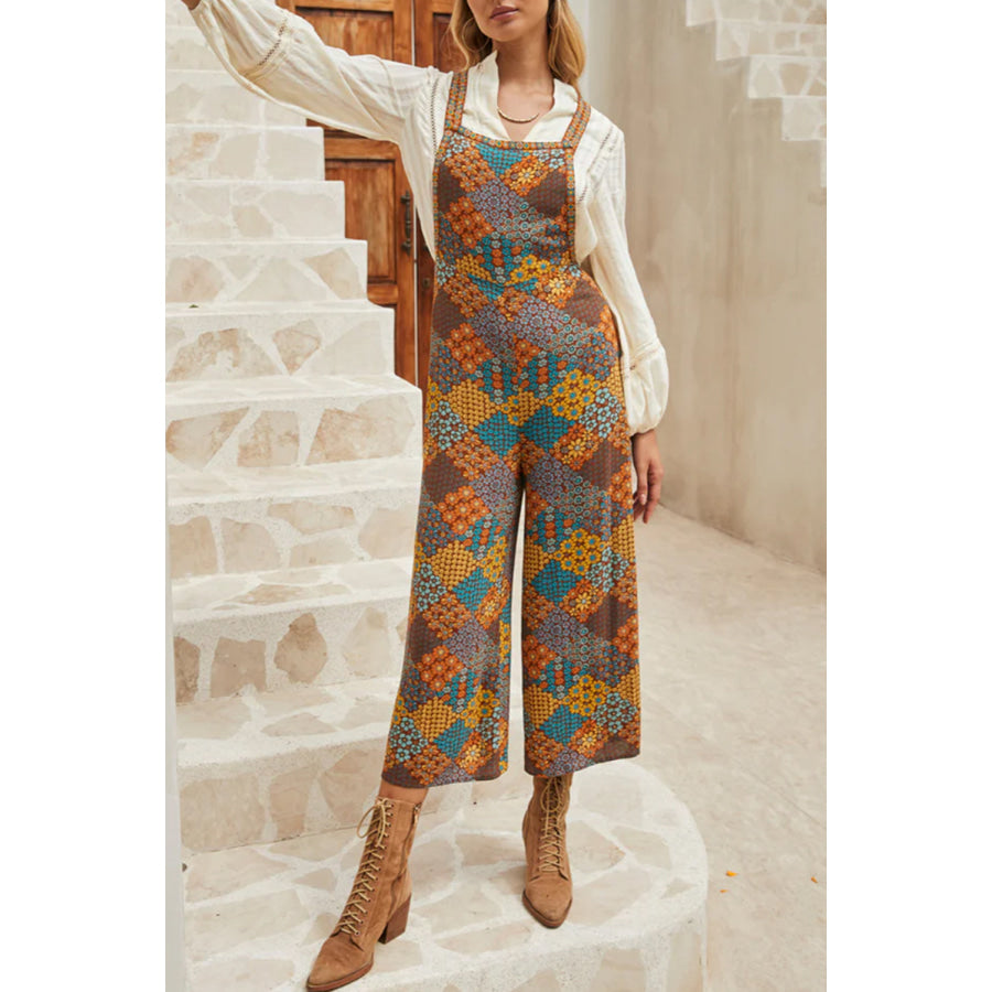 Floral Crisscross Strap Wide Leg Overalls Floral / S Apparel and Accessories