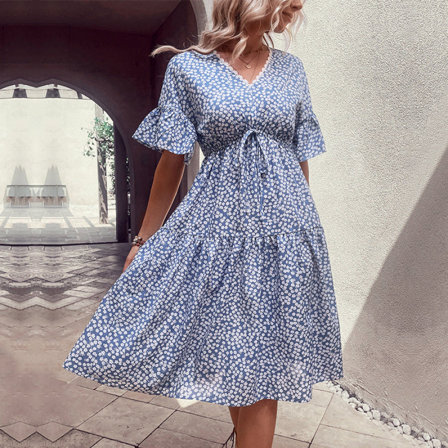Floral Flounce Sleeve V-Neck Dress Misty Blue / S