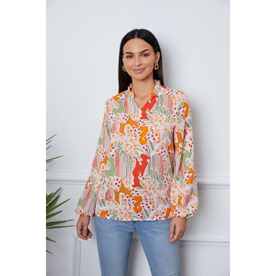 Floral Frill Notched Long Sleeve Blouse Multicolor / S Clothing