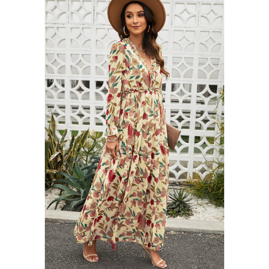 Floral Frill Trim Flounce Sleeve Plunge Maxi Dress