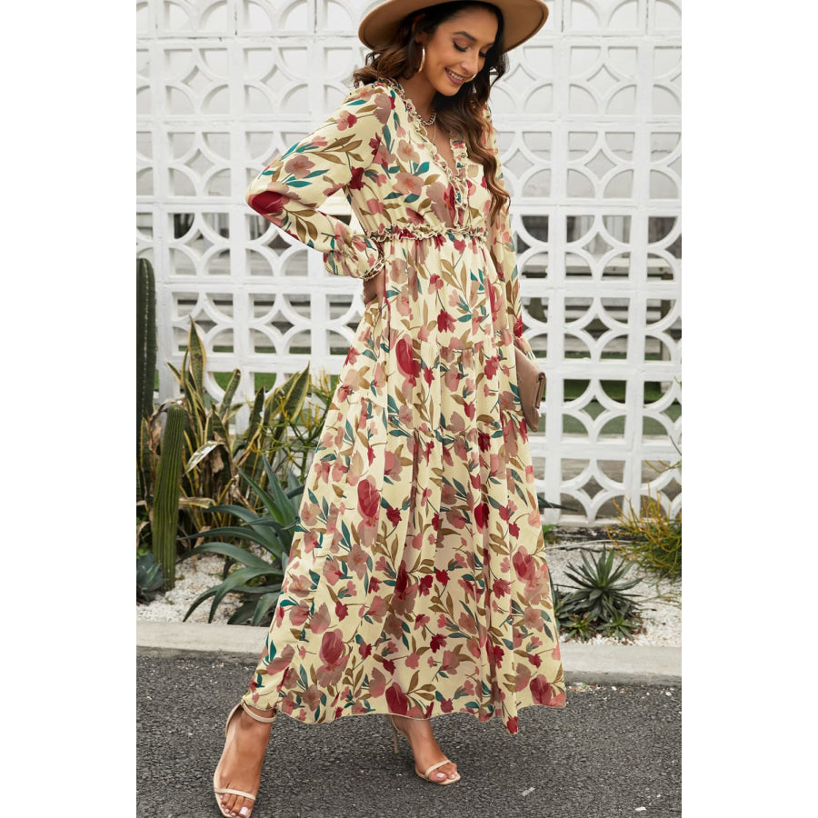 Floral Frill Trim Flounce Sleeve Plunge Maxi Dress