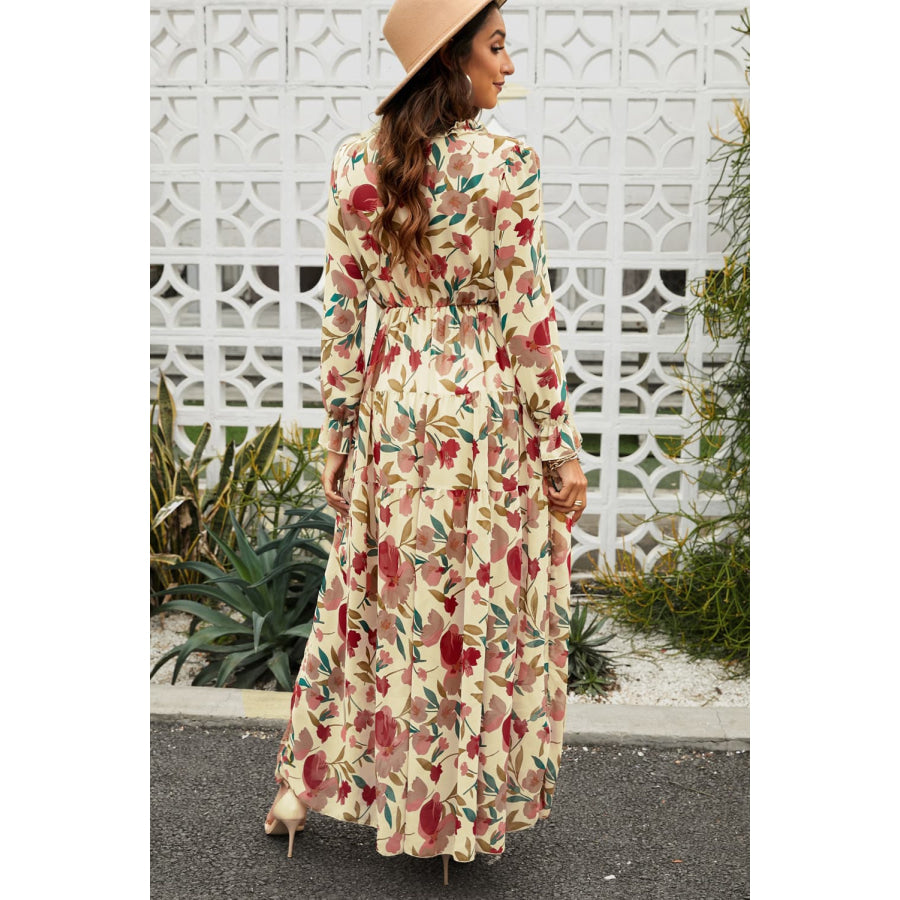Floral Frill Trim Flounce Sleeve Plunge Maxi Dress Sand / S