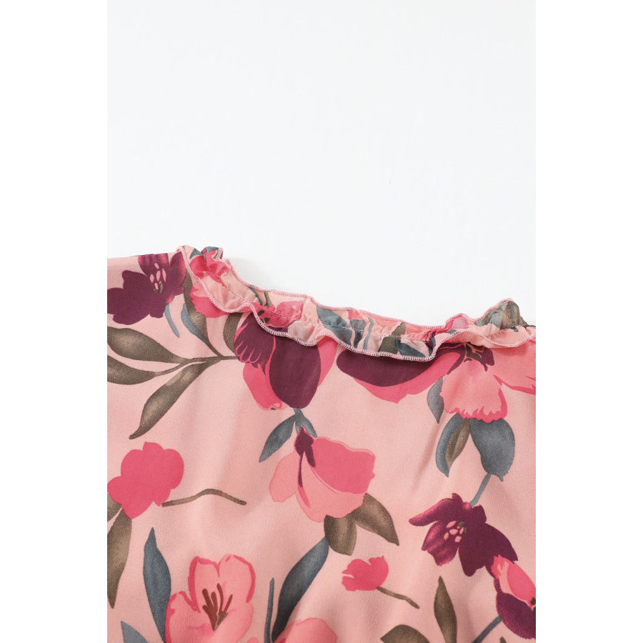 Floral Frill Trim Flounce Sleeve Plunge Maxi Dress