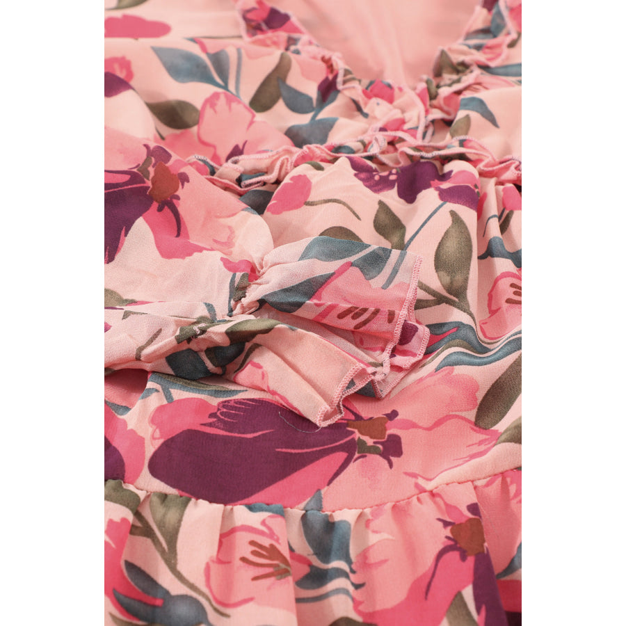 Floral Frill Trim Flounce Sleeve Plunge Maxi Dress