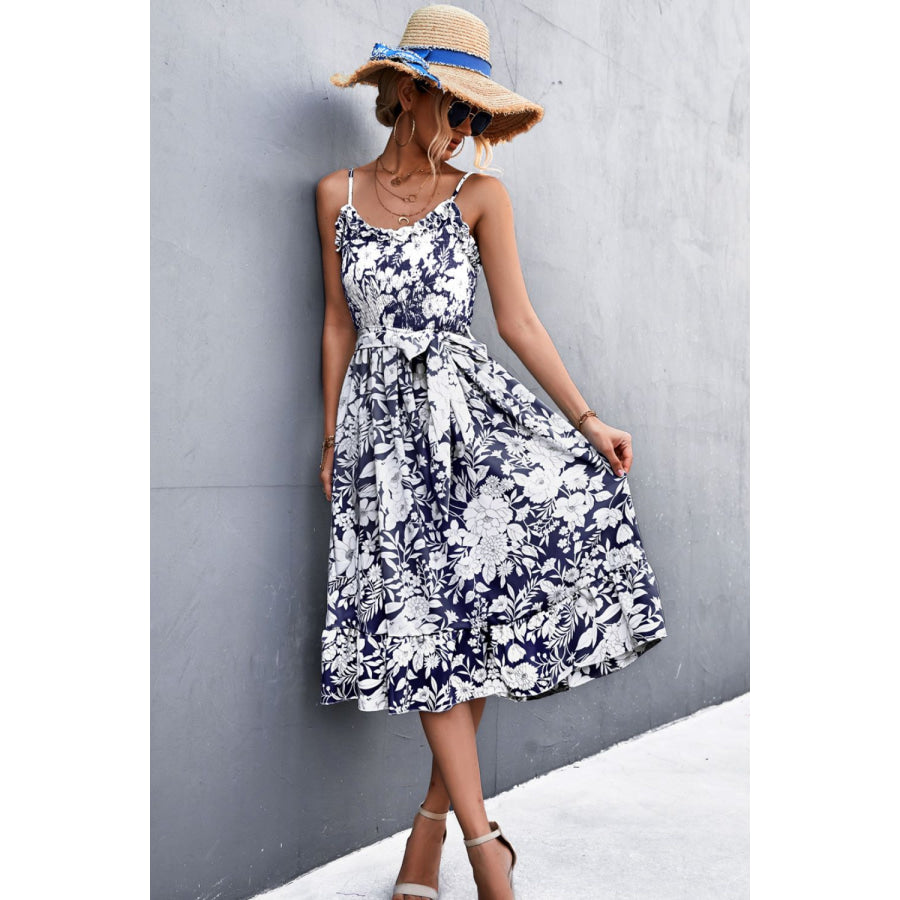 Floral Frill Trim Scoop Neck Spaghetti Strap Dress Navy / S