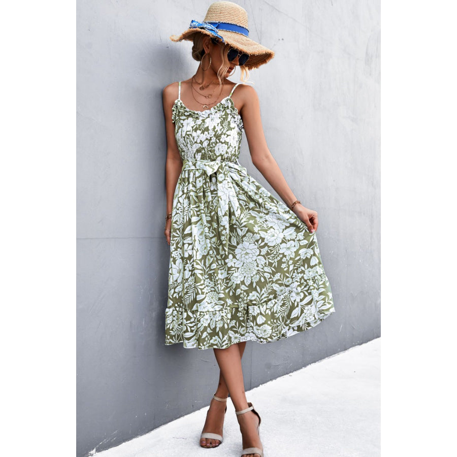 Floral Frill Trim Scoop Neck Spaghetti Strap Dress
