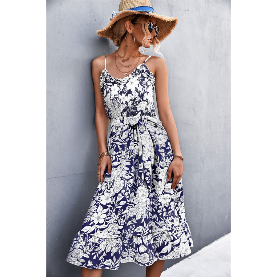 Floral Frill Trim Scoop Neck Spaghetti Strap Dress