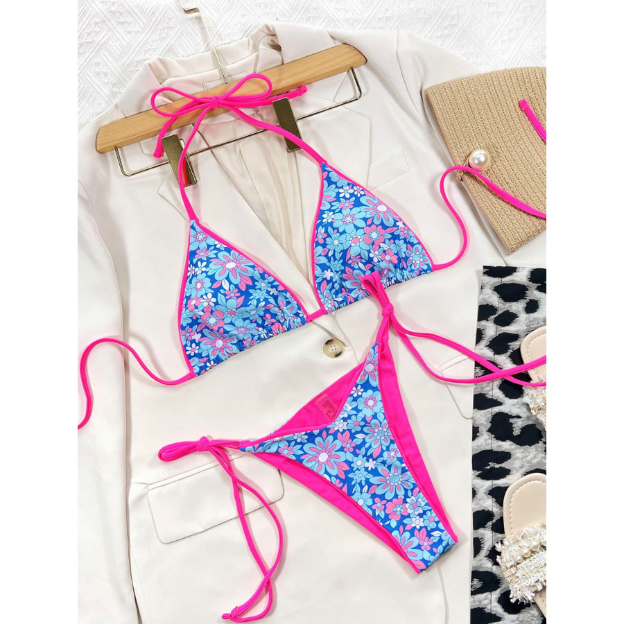 Floral Halter Neck Tie Side Bikini Set Floral / S Apparel and Accessories