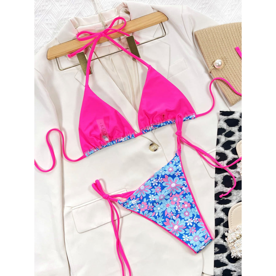 Floral Halter Neck Tie Side Bikini Set Apparel and Accessories