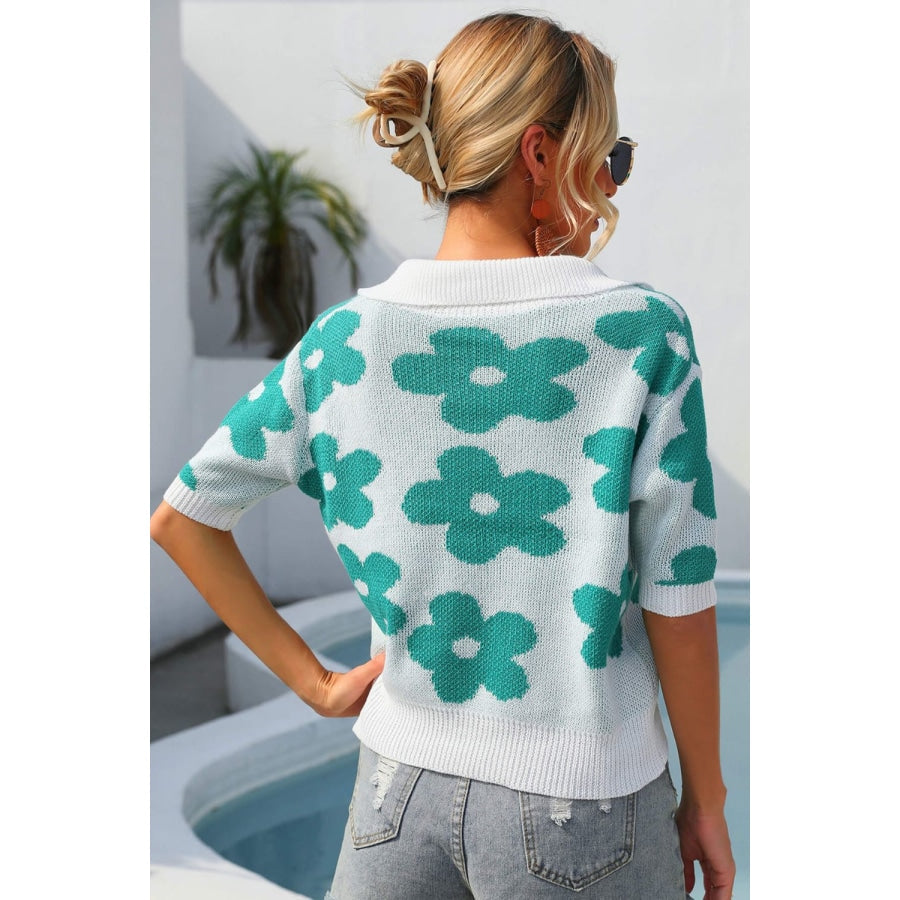 Floral Johnny Collar Half Sleeve Knit Top Teal / S