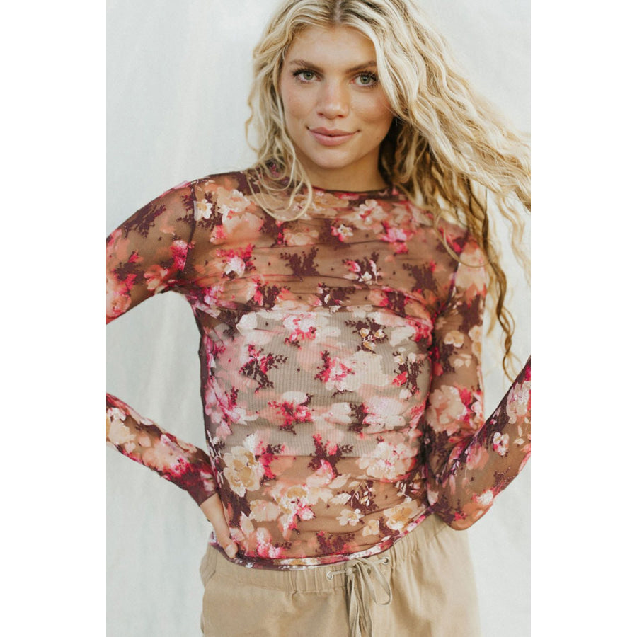 Floral Mock Neck Long Sleeve Sheer Top Apparel and Accessories