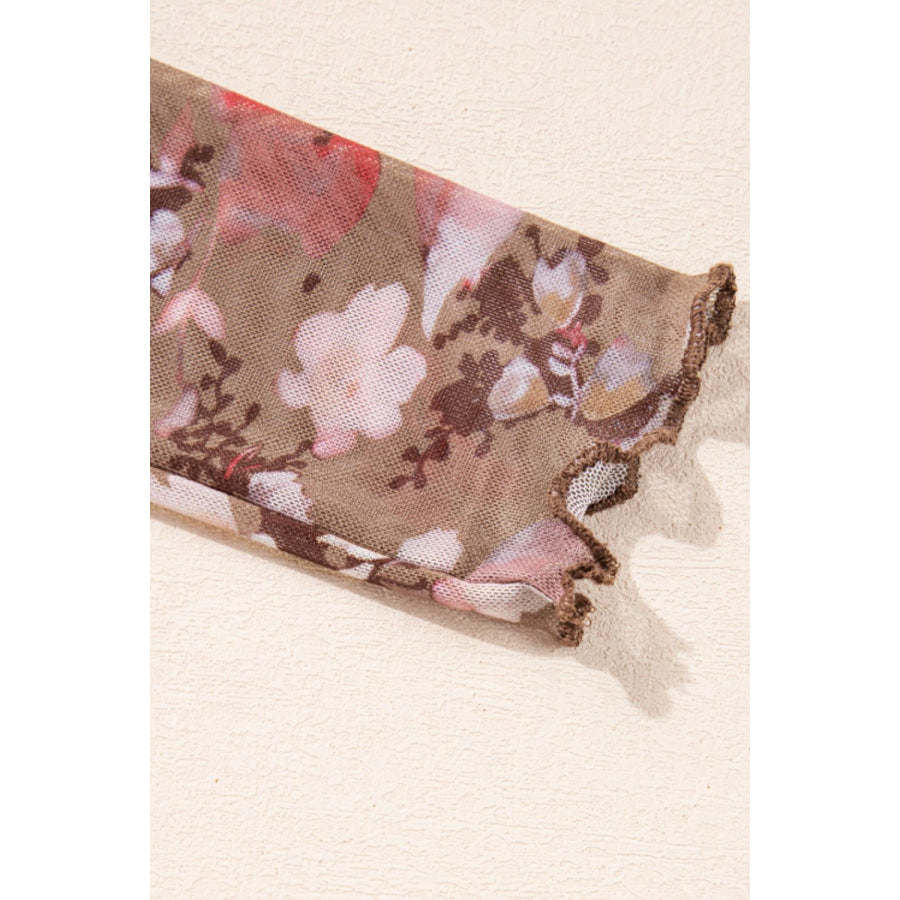 Floral Mock Neck Long Sleeve Sheer Top Apparel and Accessories