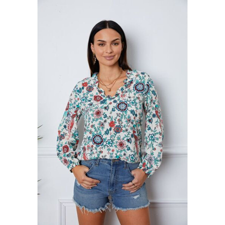 Floral Notched Long Sleeve Blouse Multicolor / S Clothing
