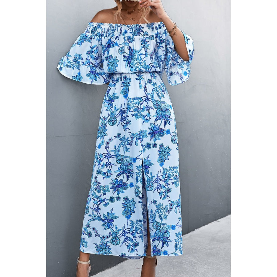 Floral Off-Shoulder Front Split Dress Blue / S