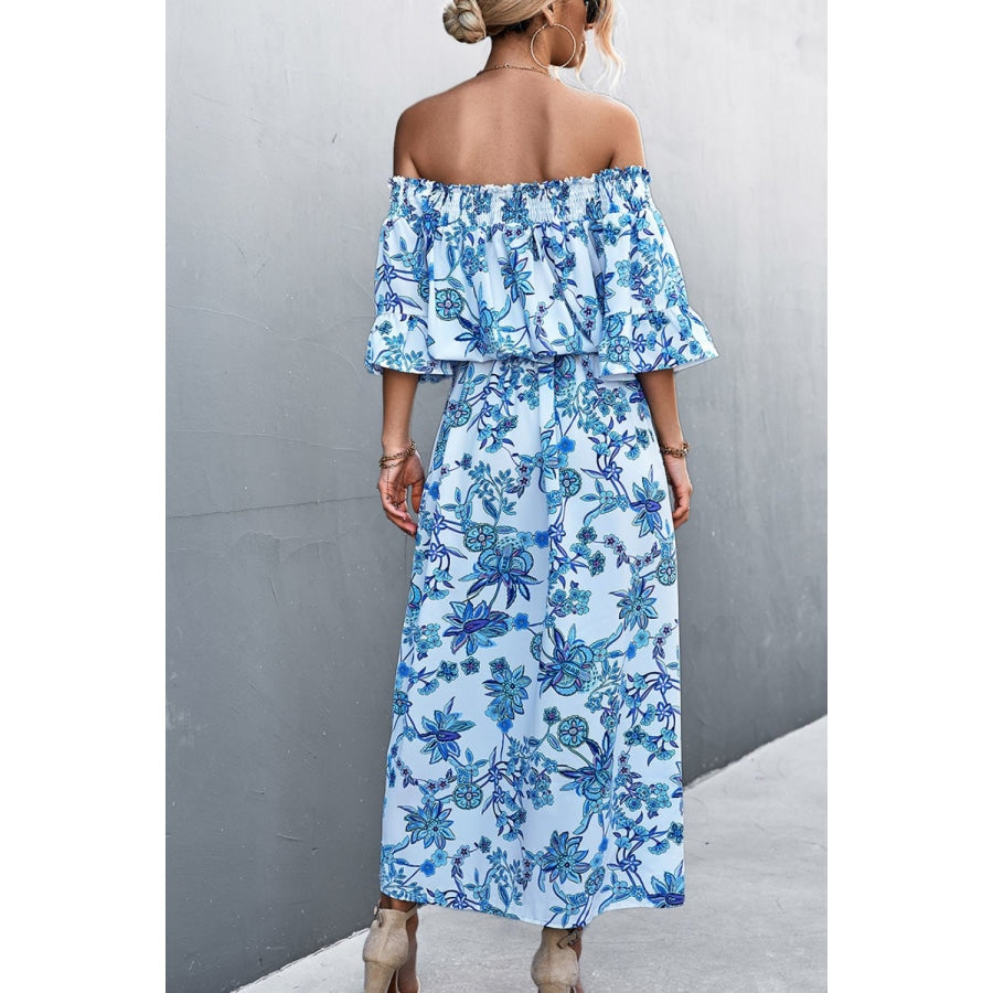 Floral Off-Shoulder Front Split Dress Blue / S