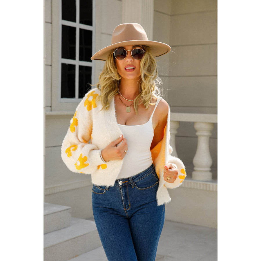 Floral Open Front Fuzzy Cardigan Cream / S